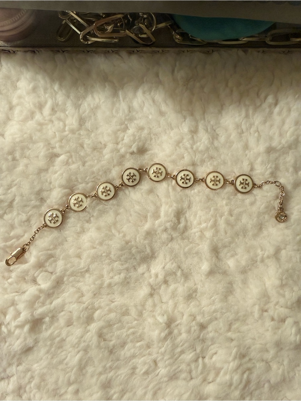Tory Burch Gold-Tone Bracelet with Cream Enamel Logo Discs - Picture 2 of 3